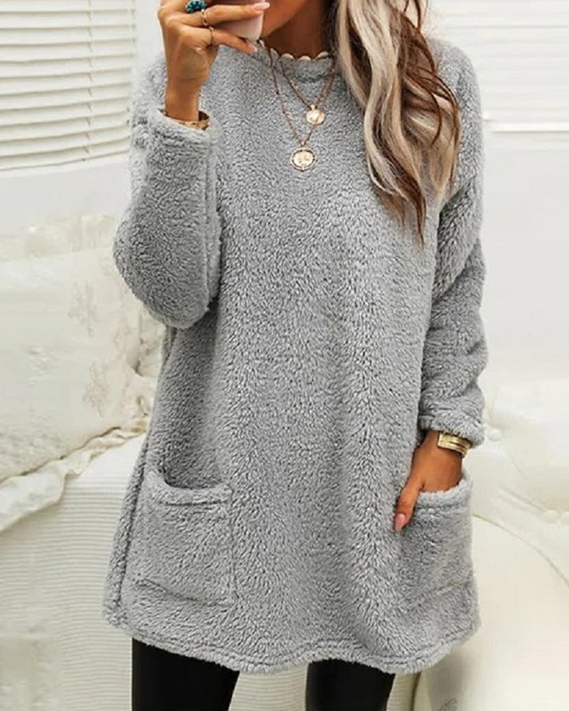Suéter Longo de Inverno em Fleece Aconchegante com Bolsos para Mulheres