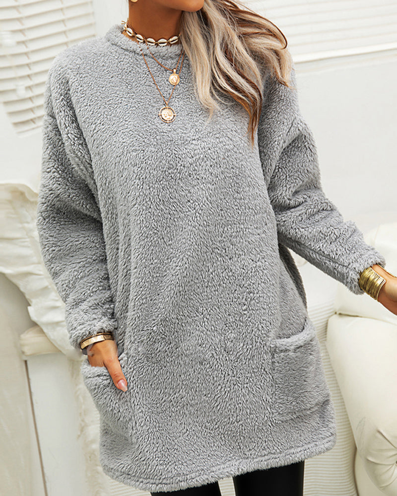 Suéter Longo de Inverno em Fleece Aconchegante com Bolsos para Mulheres