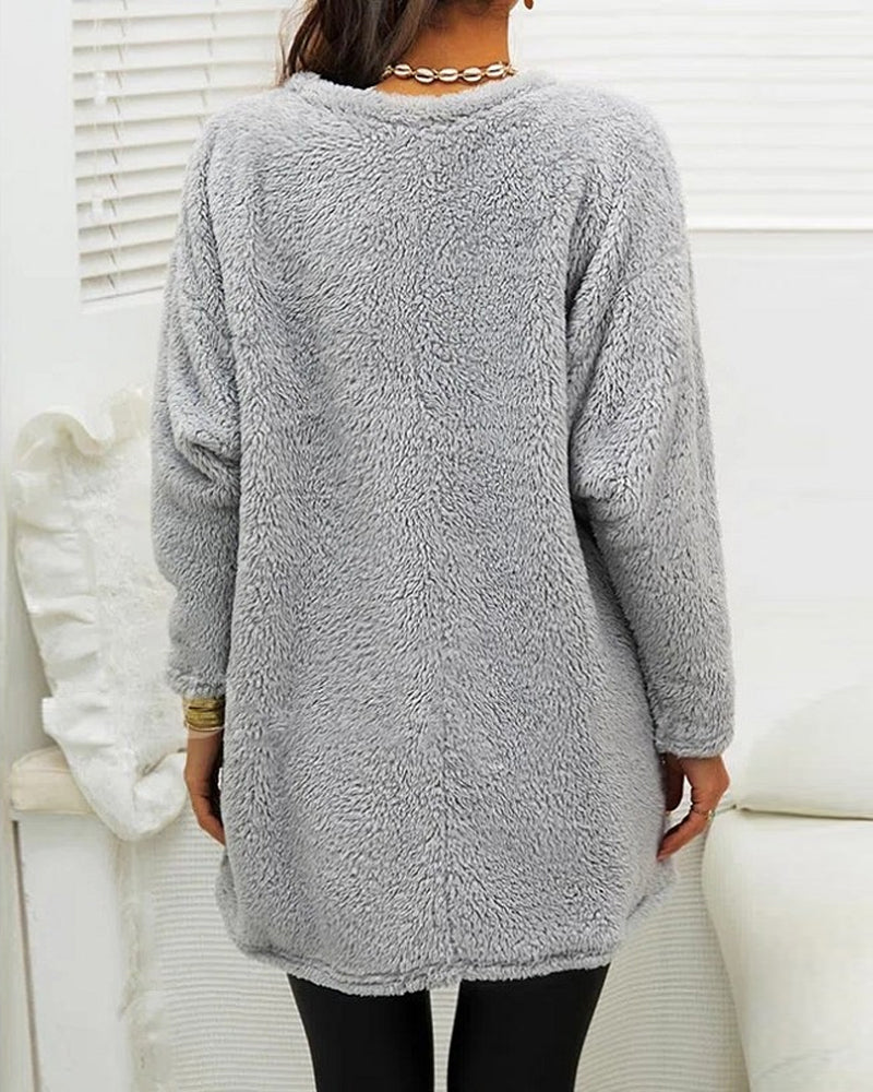 Suéter Longo de Inverno em Fleece Aconchegante com Bolsos para Mulheres