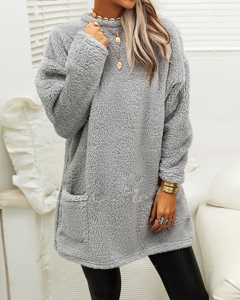 Suéter Longo de Inverno em Fleece Aconchegante com Bolsos para Mulheres