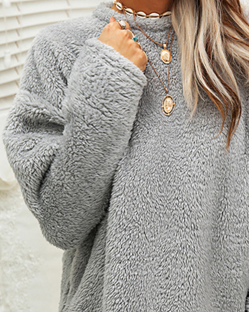 Suéter Longo de Inverno em Fleece Aconchegante com Bolsos para Mulheres