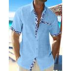 Camisa Casual de Botão com Estampa de Penas para Homens - Manga Curta