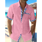 Camisa Casual de Botão com Estampa de Penas para Homens - Manga Curta
