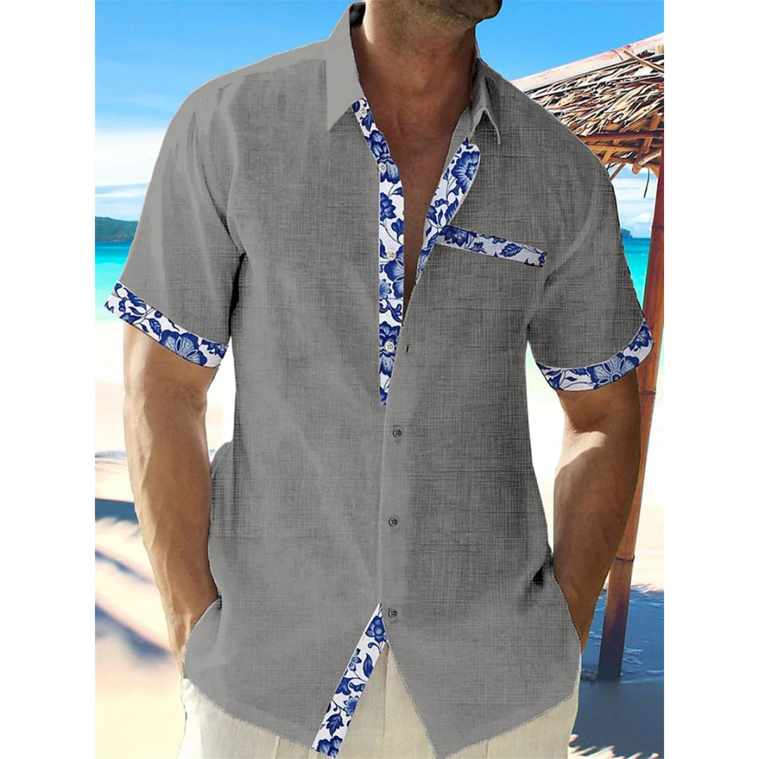 Camisa Casual de Botão com Estampa de Penas para Homens - Manga Curta