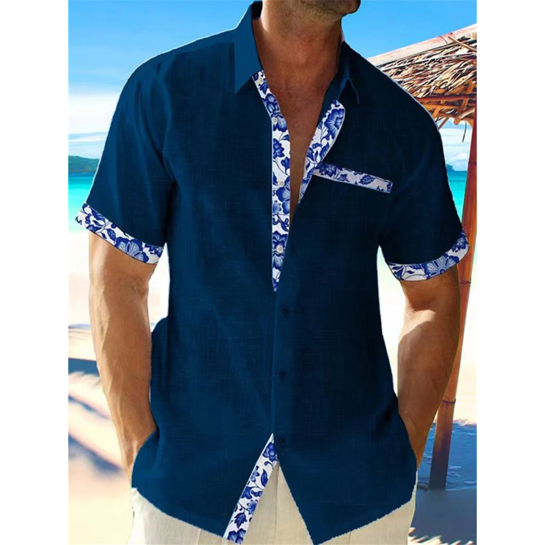 Camisa Casual de Botão com Estampa de Penas para Homens - Manga Curta