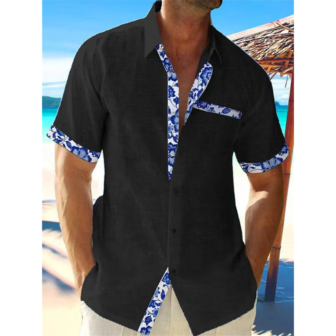 Camisa Casual de Botão com Estampa de Penas para Homens - Manga Curta