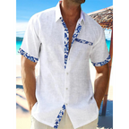 Camisa Casual de Botão com Estampa de Penas para Homens - Manga Curta