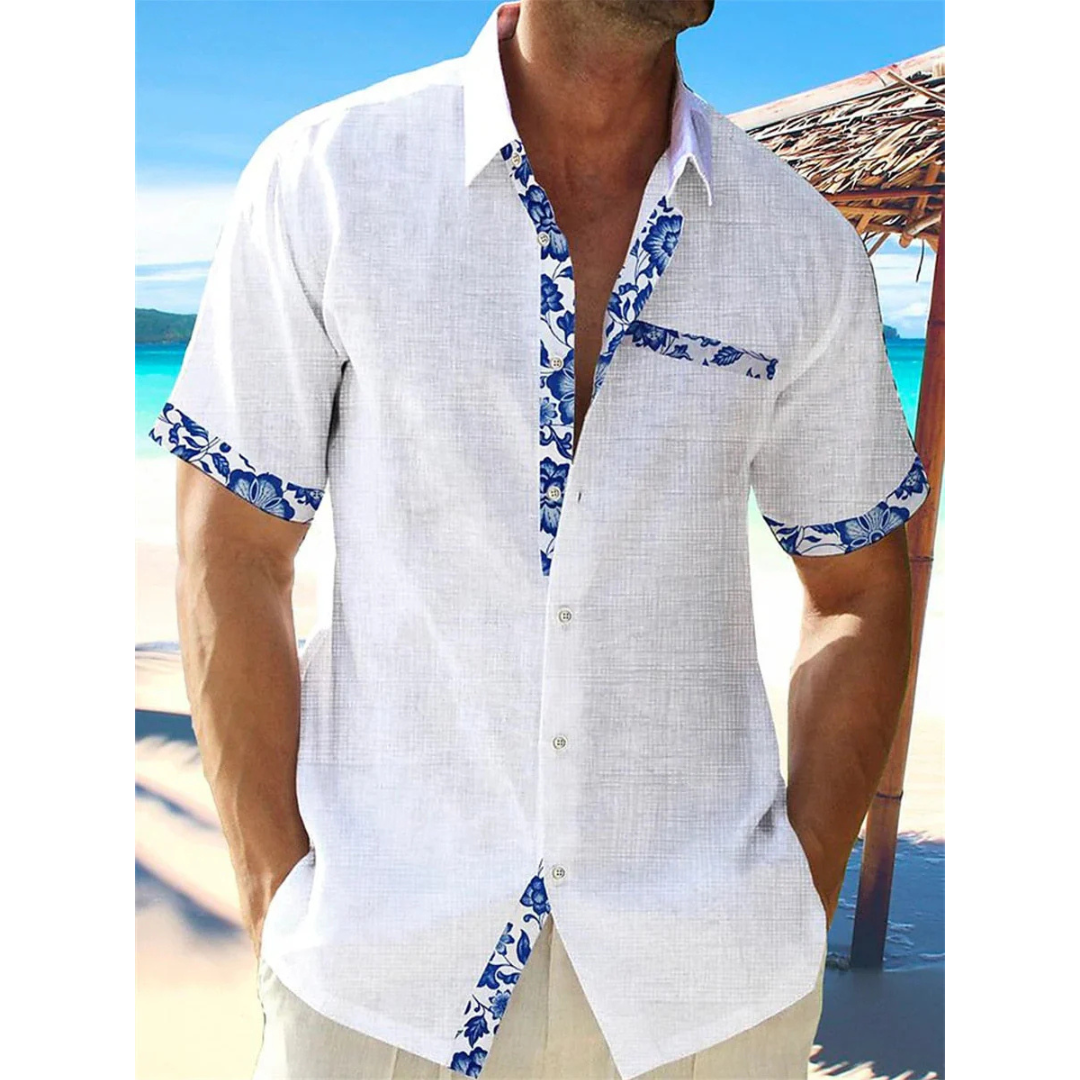 Camisa Casual de Botão com Estampa de Penas para Homens - Manga Curta