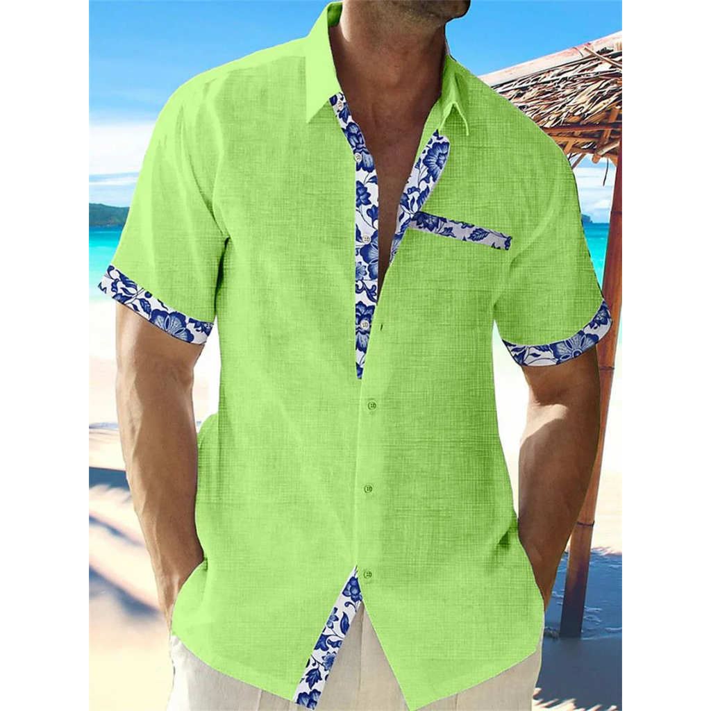Camisa Casual de Botão com Estampa de Penas para Homens - Manga Curta
