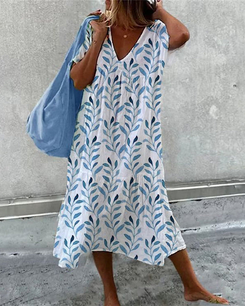 Serphine | Vestido Feminino com Decote em V e Estampa de Folhas