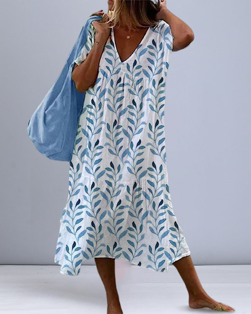 Serphine | Vestido Feminino com Decote em V e Estampa de Folhas