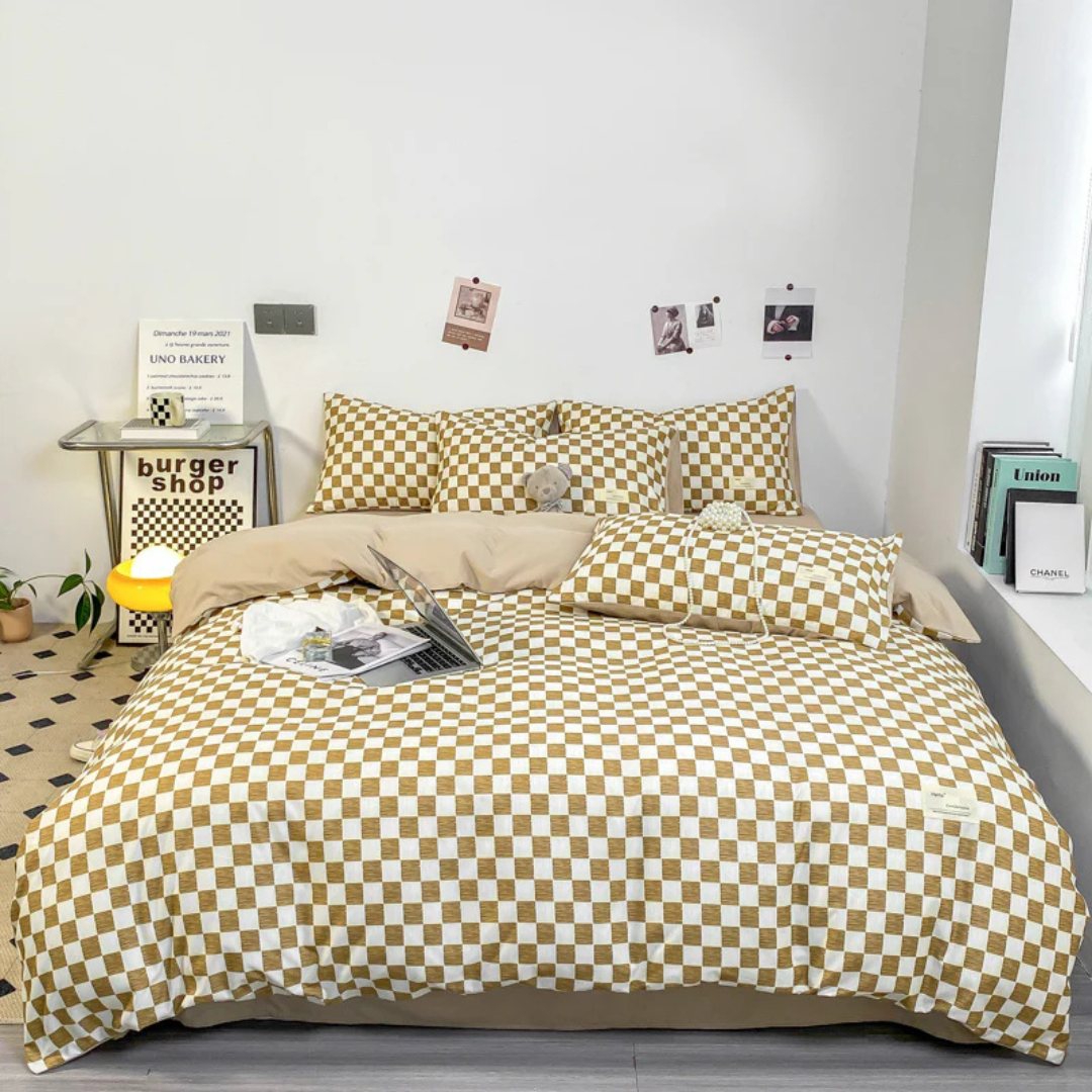 Cashu - Conjunto de Cama Luxuoso com Estampa de Xadrez Sofisticada