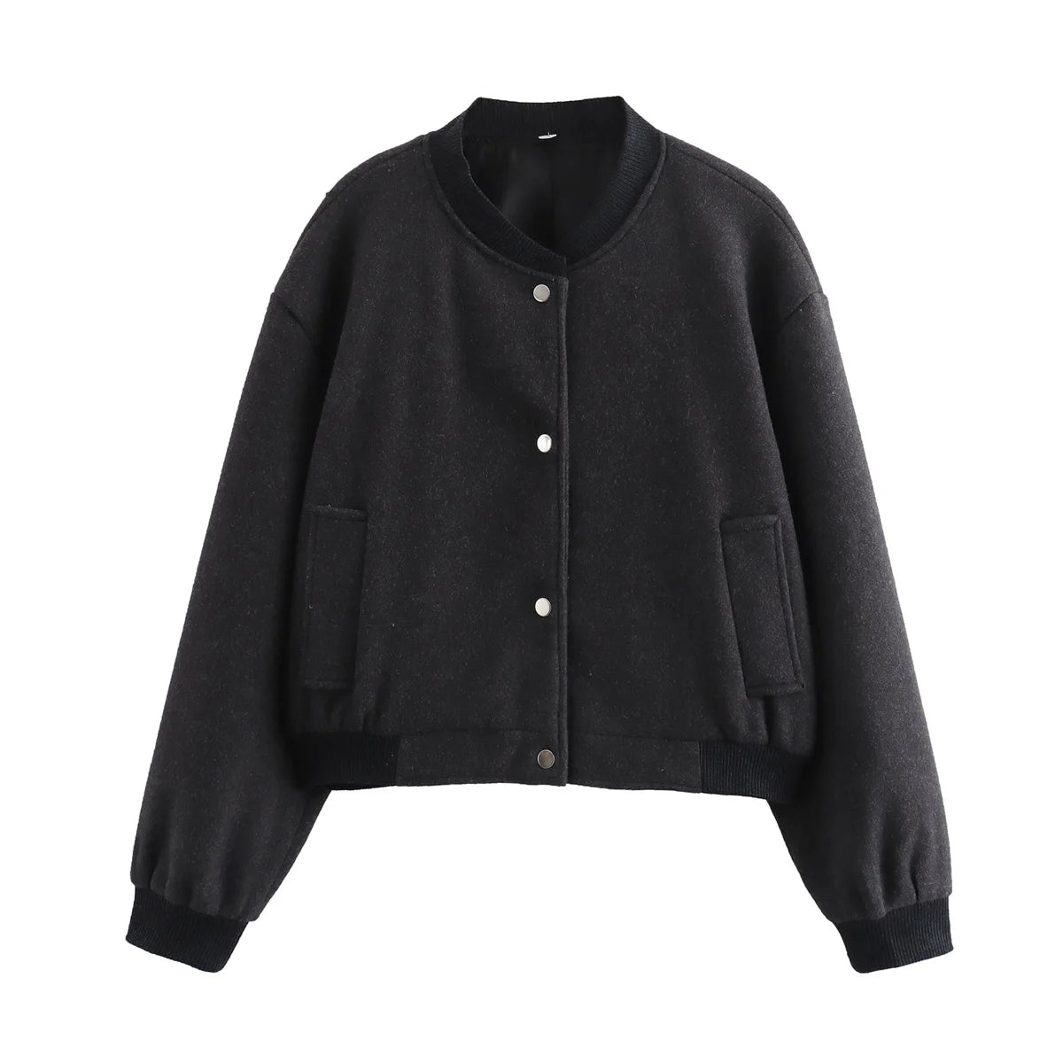 Casaco Bomber Feminino em Lã Misturada – Com Fecho de Botão e Punhos Canelados – Estilo Casual Chic