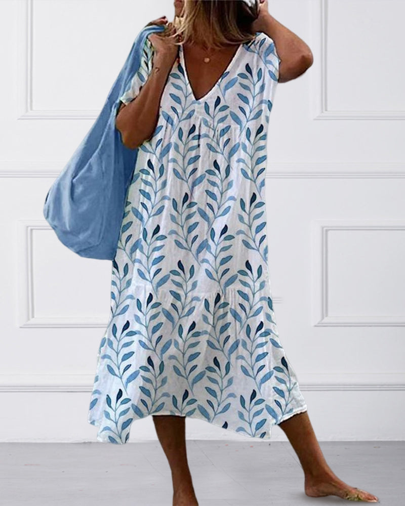 Serphine | Vestido Feminino com Decote em V e Estampa de Folhas