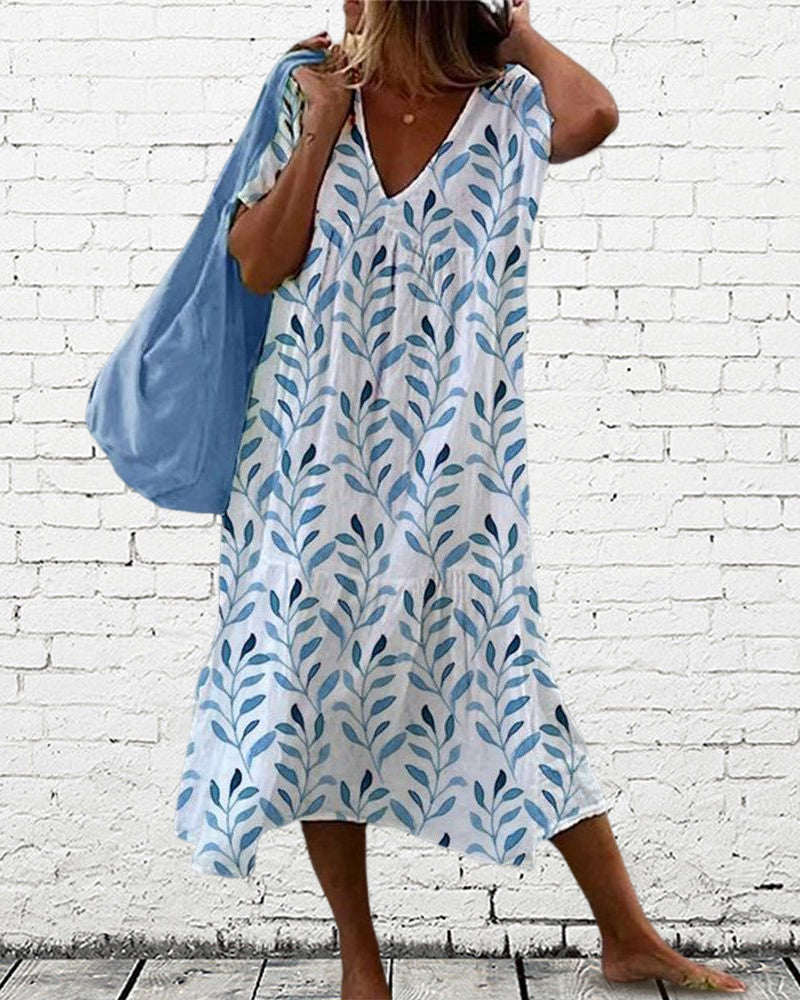 Serphine | Vestido Feminino com Decote em V e Estampa de Folhas