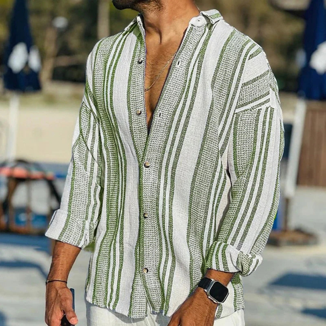 Camisa Masculina de Botão com Estampa de Riscas e Manga Longa
