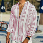 Camisa Masculina de Botão com Estampa de Riscas e Manga Longa