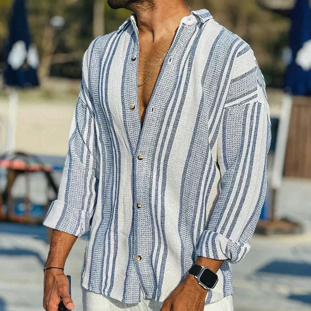 Camisa Masculina de Botão com Estampa de Riscas e Manga Longa
