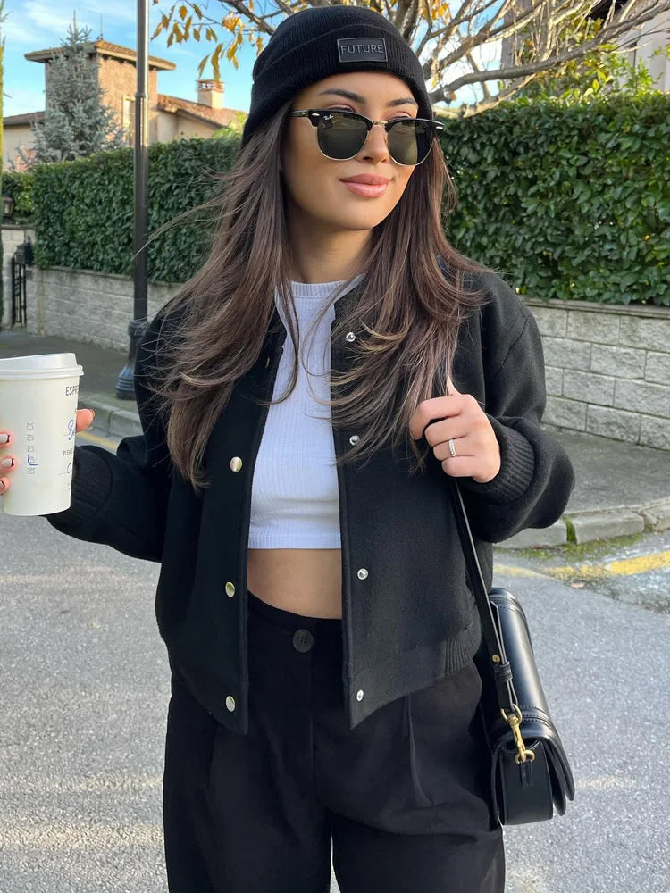 Casaco Bomber Feminino em Lã Misturada – Com Fecho de Botão e Punhos Canelados – Estilo Casual Chic