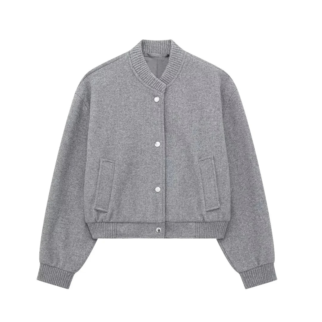 Casaco Bomber Feminino em Lã Misturada – Com Fecho de Botão e Punhos Canelados – Estilo Casual Chic