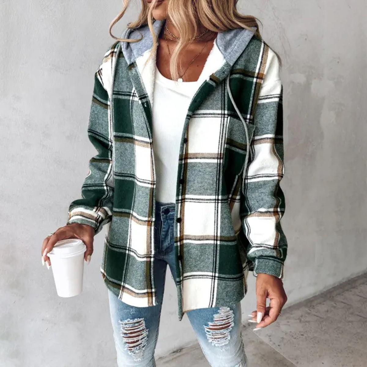 Casaco Casual Feminino com Capuz e Estampa Xadrez - Perfeito para o Outono