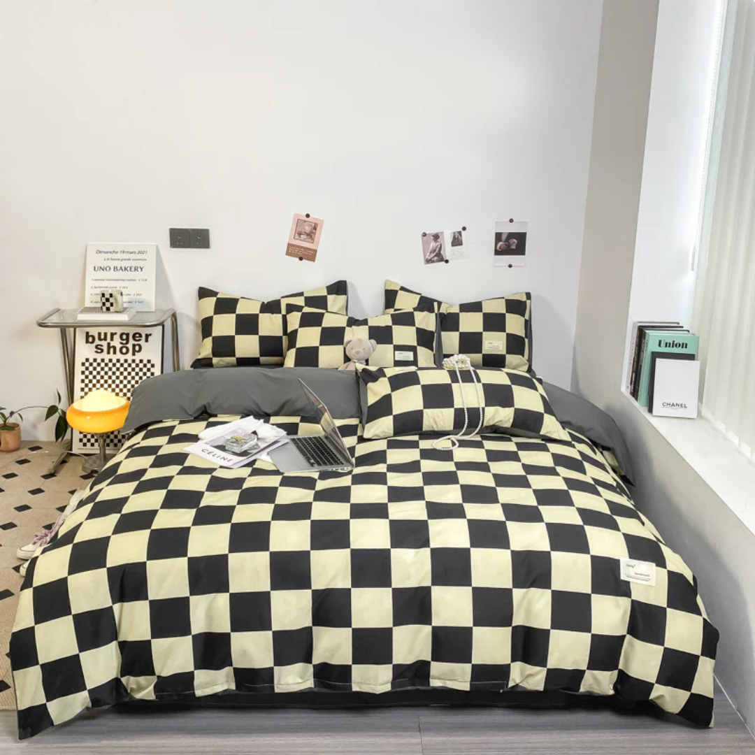 Cashu - Conjunto de Cama Luxuoso com Estampa de Xadrez Sofisticada