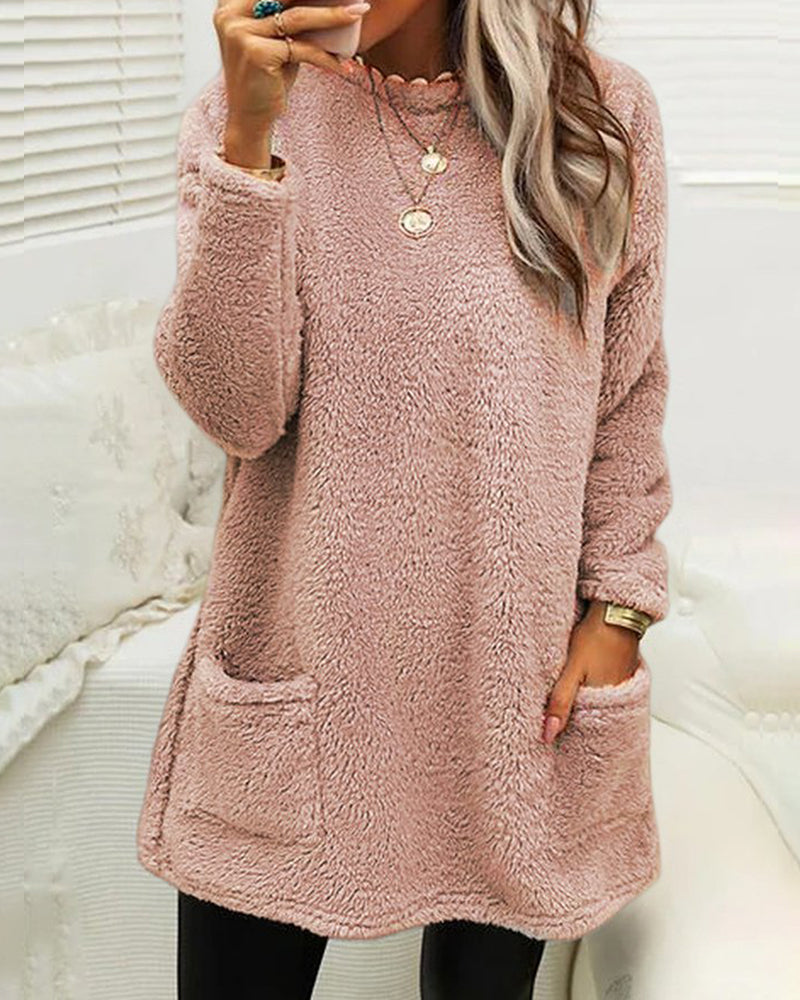 Suéter Longo de Inverno em Fleece Aconchegante com Bolsos para Mulheres