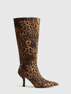 Botas Altas de Leopardo para Mulheres com Bico Fino e Salto Médio – Elegantes e Confortáveis