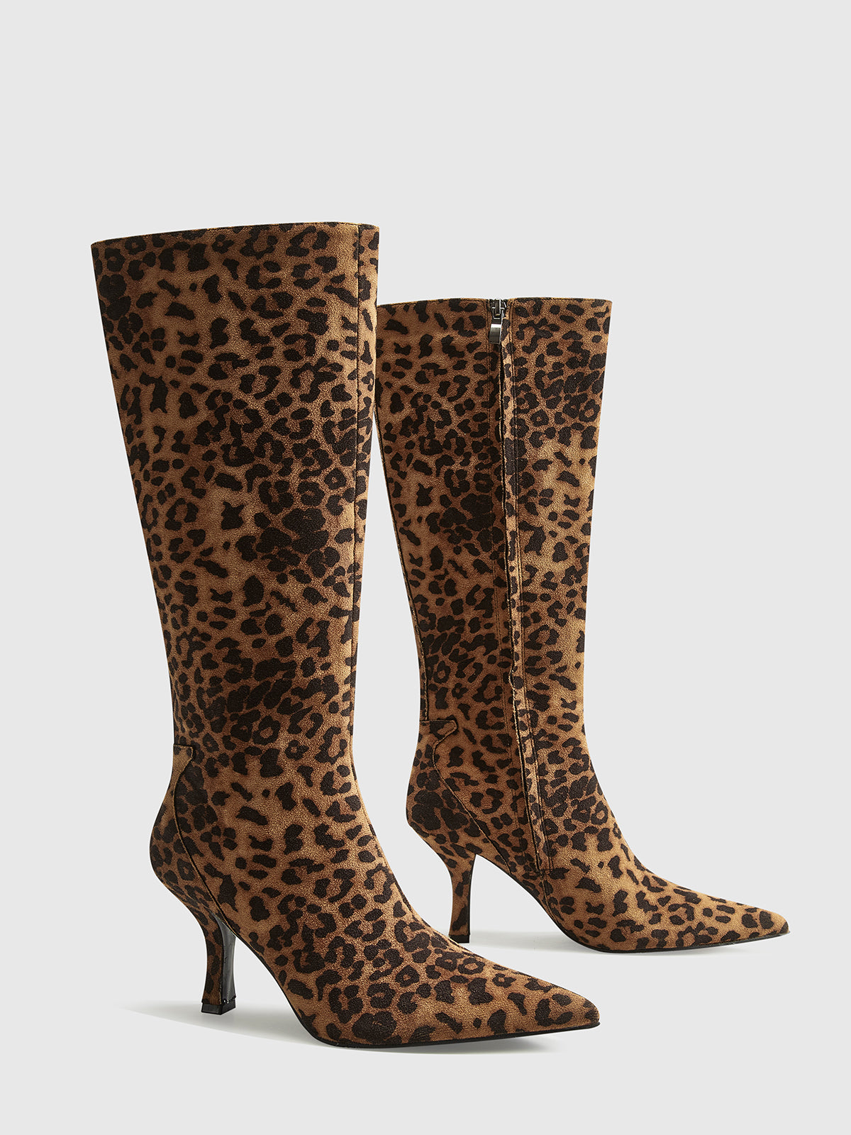 Botas Altas de Leopardo para Mulheres com Bico Fino e Salto Médio – Elegantes e Confortáveis