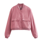 Casaco Bomber Feminino com Ajuste Confortável – Tecido Woven Suave – Fechamento por Botão – Punhos Canelados