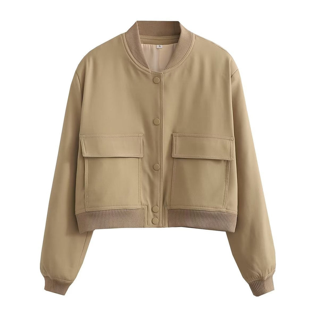 Casaco Bomber Feminino com Ajuste Confortável – Tecido Woven Suave – Fechamento por Botão – Punhos Canelados
