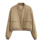 Casaco Bomber Feminino com Ajuste Confortável – Tecido Woven Suave – Fechamento por Botão – Punhos Canelados