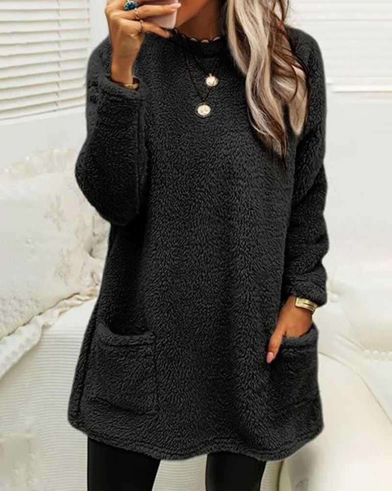 Suéter Longo de Inverno em Fleece Aconchegante com Bolsos para Mulheres