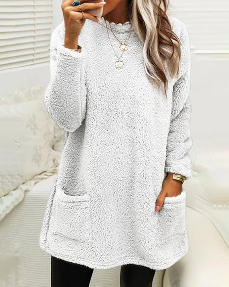 Suéter Longo de Inverno em Fleece Aconchegante com Bolsos para Mulheres