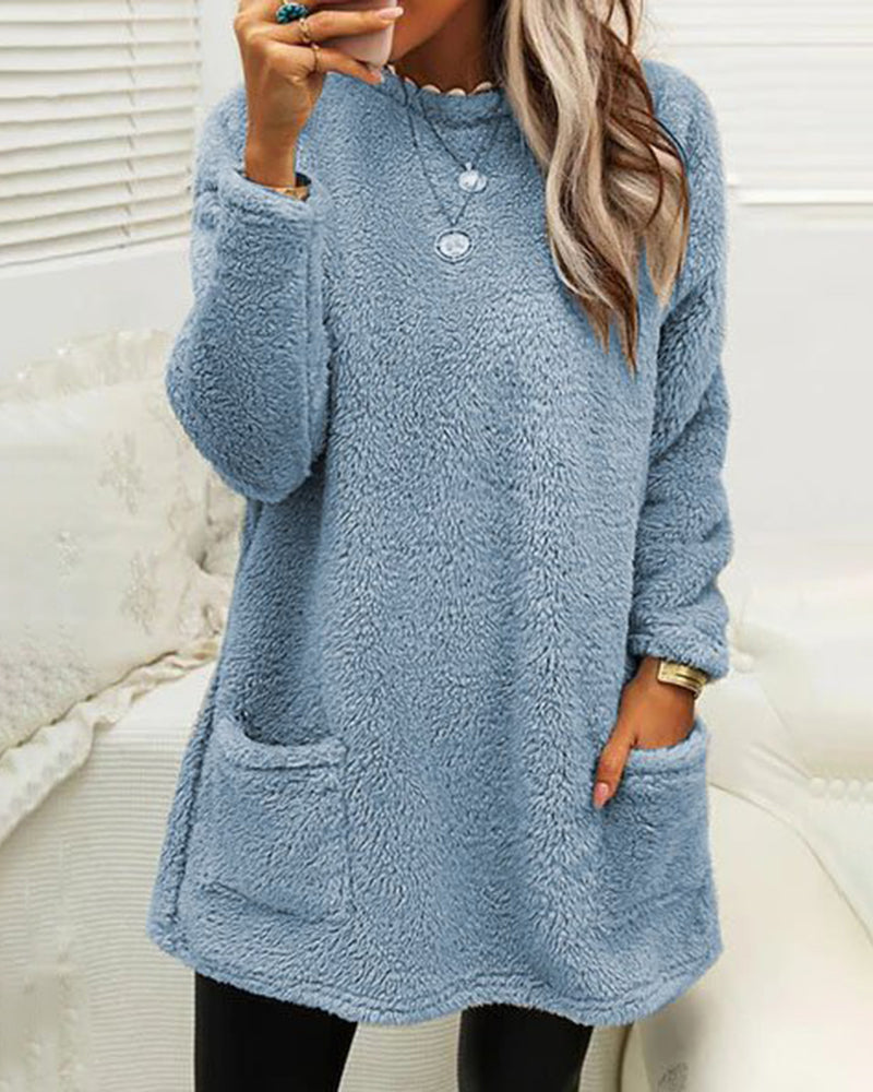 Suéter Longo de Inverno em Fleece Aconchegante com Bolsos para Mulheres