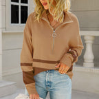 Suéter Oversized Feminino com Listras e Zíper para o Inverno