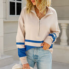 Suéter Oversized Feminino com Listras e Zíper para o Inverno