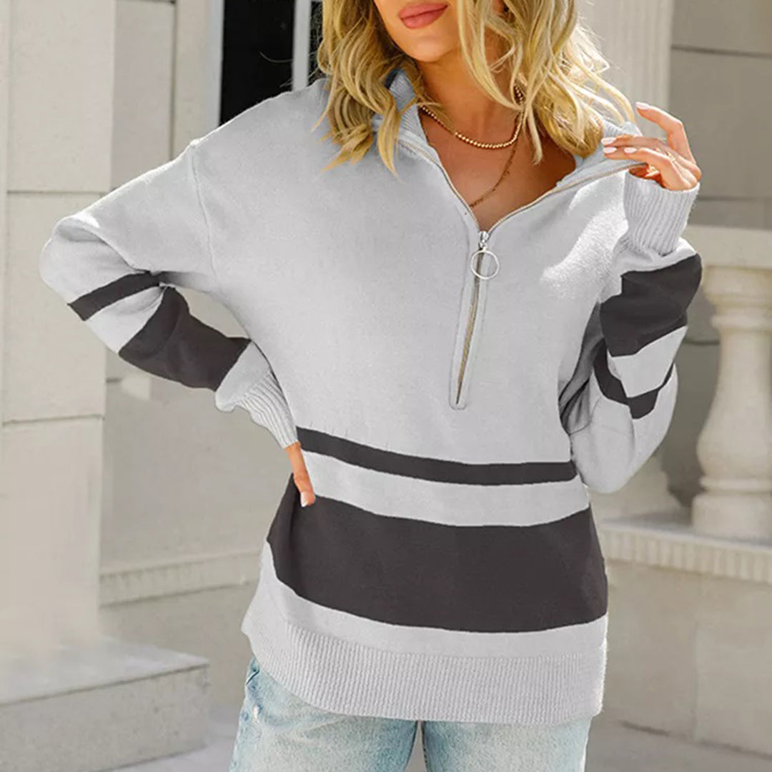 Suéter Oversized Feminino com Listras e Zíper para o Inverno
