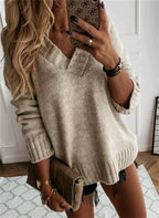 Suéter de Malha V Feminino Confortável para o Inverno