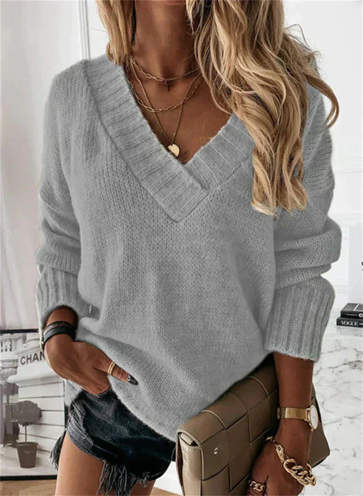 Suéter de Malha V Feminino Confortável para o Inverno