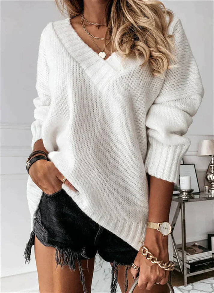 Suéter de Malha V Feminino Confortável para o Inverno