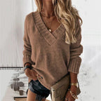 Suéter de Malha V Feminino Confortável para o Inverno