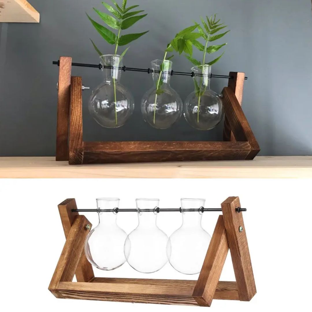 Moderno Vaso Hidropônico com Base de Madeira