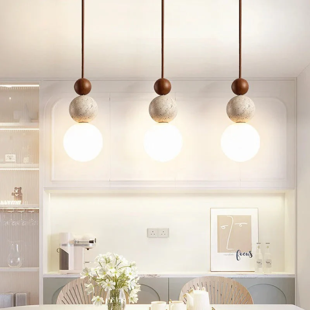 Moderna Luminária Pendente em Travertino e Mogno - Coleção NaturaLuxe