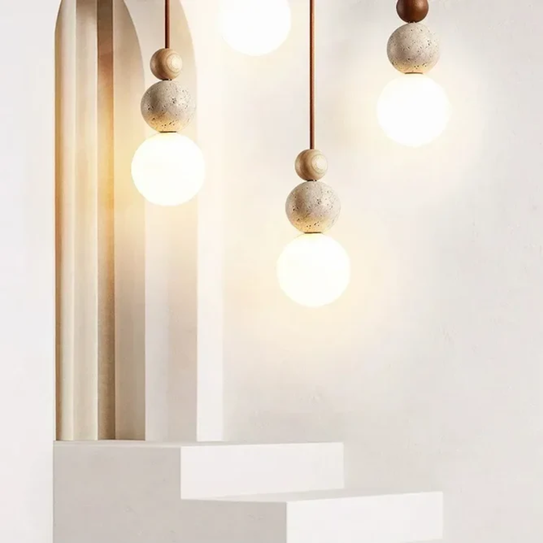 Moderna Luminária Pendente em Travertino e Mogno - Coleção NaturaLuxe