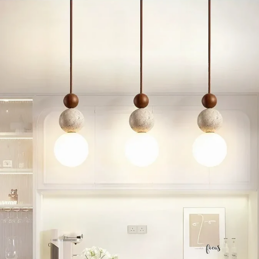 Moderna Luminária Pendente em Travertino e Mogno - Coleção NaturaLuxe