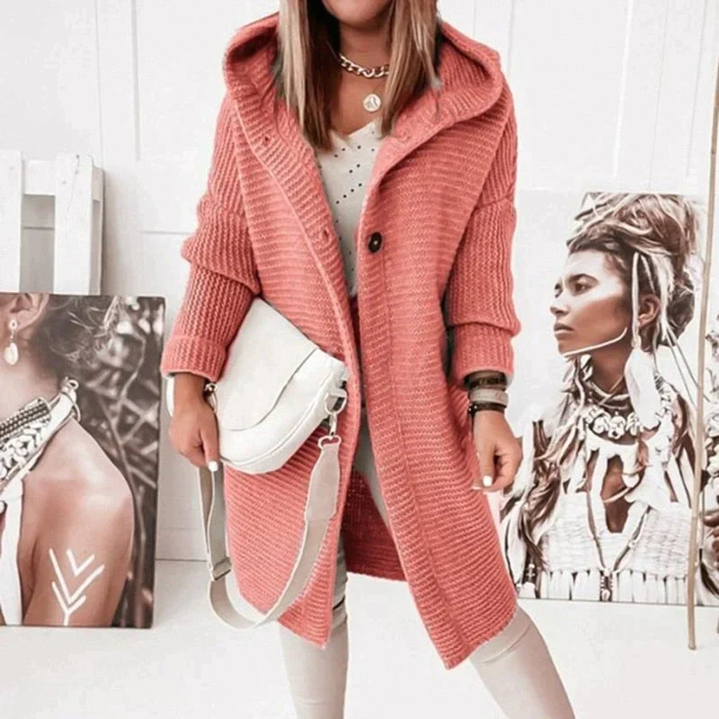 Casaco Midi de Inverno Feminino com Capuz e Fecho de Botão