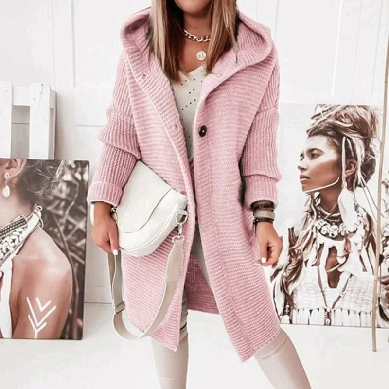 Casaco Midi de Inverno Feminino com Capuz e Fecho de Botão