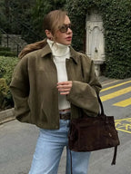 Casaco Bomber Feminino em Camurça - Disponível em Castanho e Verde, Estilo Vintage Casual para Motocicleta com Zíper