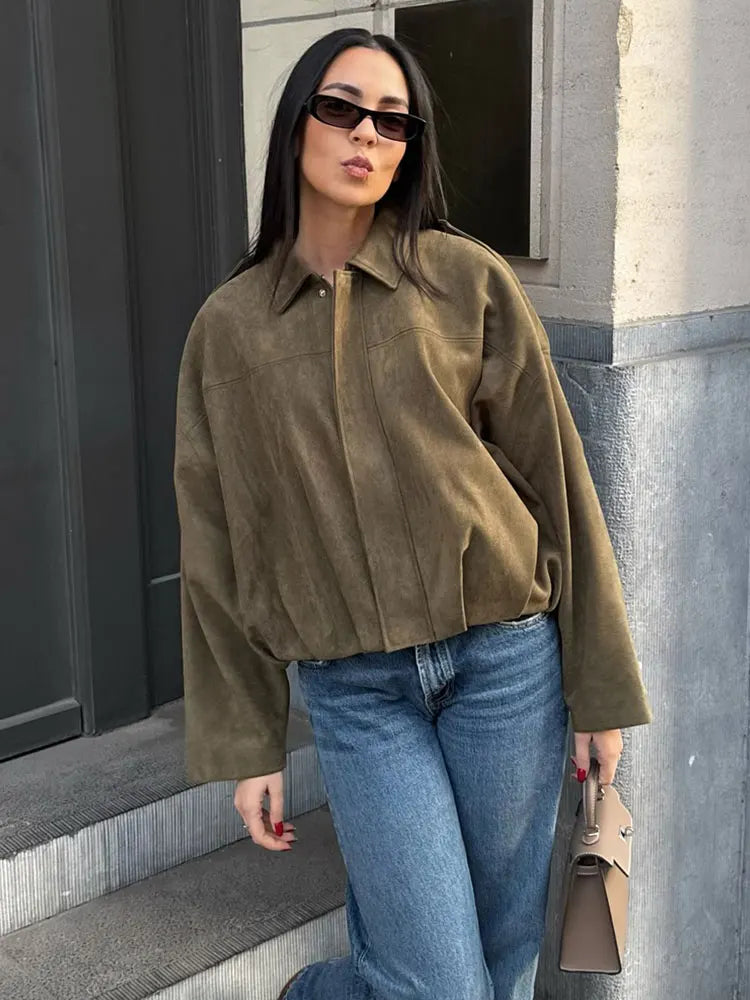 Casaco Bomber Feminino em Camurça - Disponível em Castanho e Verde, Estilo Vintage Casual para Motocicleta com Zíper